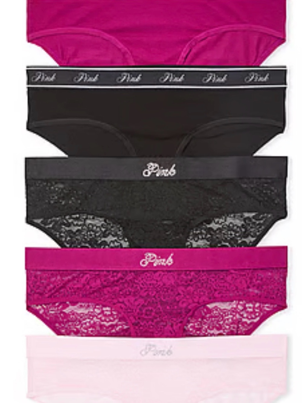 PINK Victoria's Secret 5-Pack Hipster Panties in Hot Pink, Black, Light Pink